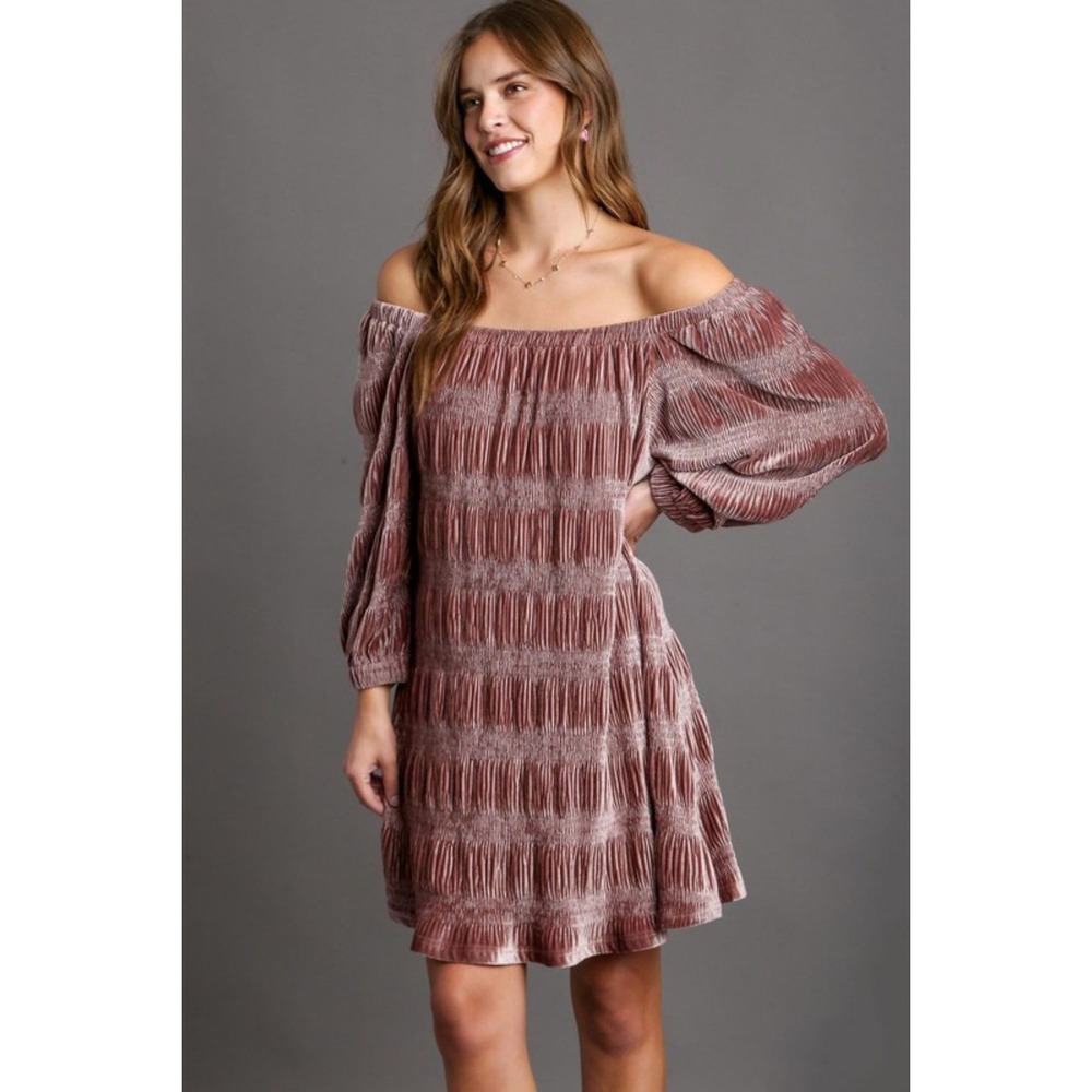 Umgee Off-Shoulder Balloon Sleeve Velvet Mini Dress - Small